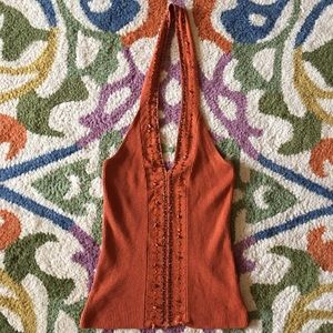 Rust Embellished Beaded Halter Top
